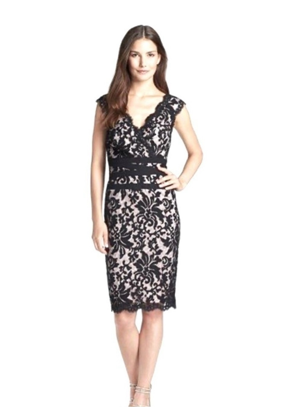 Tadashi Shoji Lace Dress Sz 8 Black Sleeveless Scallop Hem Sheath Cocktail Party